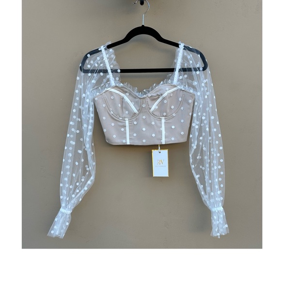 Runaway The Label Tops - Runaway the Label Chloe Top White Spot Polka Dot Sheer Mesh Crop Blouse NWT S